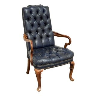 Queen Anne Style Tufted Blue Leather Armchair, Vintage For Sale