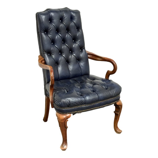 Queen Anne Style Tufted Blue Leather Armchair, Vintage For Sale