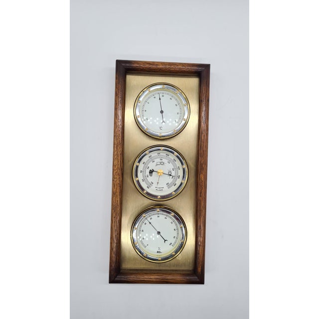Weather Station with Three Analog Indicators in Brass and Wood, 1970s For Sale - Image 3 of 11