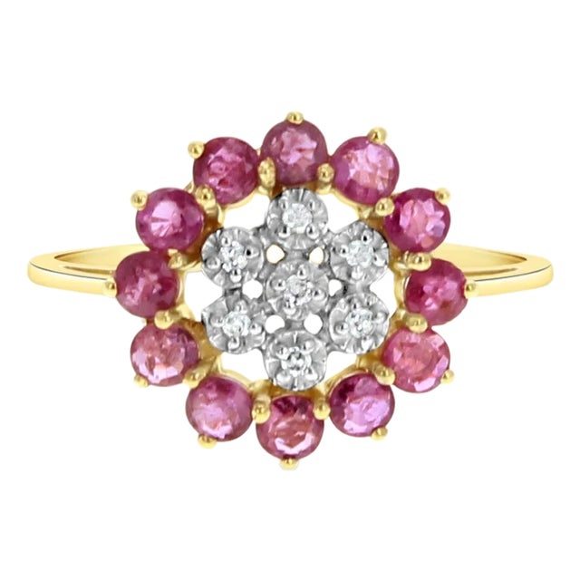 Ruby & Diamond Sunburst Ring 1.00cttw 14k Yellow Gold, Size 4 For Sale