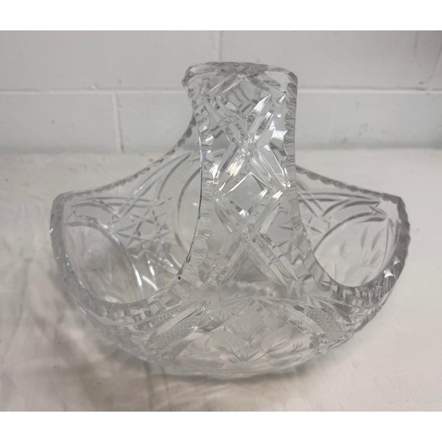 Large Vintage Hand Cut Clear Crystal Glass Flower Basket Centerpiece Bowl For Sale - Image 9 of 13