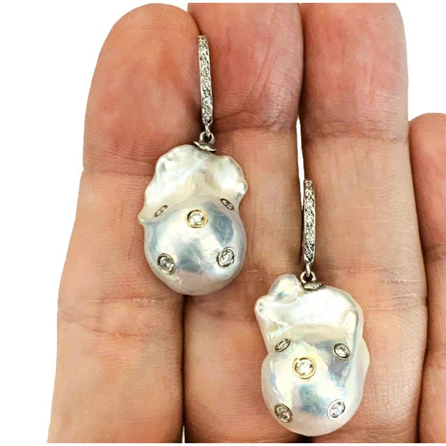 2010s Diamond Fresh Water Pearl Earrings 14k Gold Large Certified For Sale - Image 5 of 8