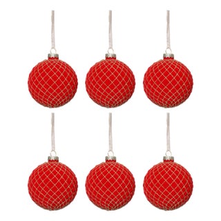 Flocked Red + Gold Ball Ornaments, Set of 6, 3.25" For Sale