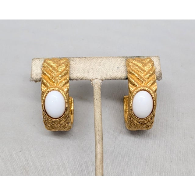 Modern Vintage 1980s Signed Givenchy Goldtone Striped White Cabochon Half Hoop Clip Earrings-2 Pieces For Sale - Image 3 of 7