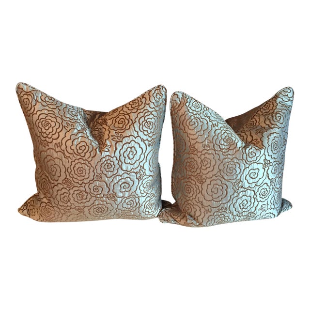 Blue Silk & Velvet Pillows - A Pair For Sale