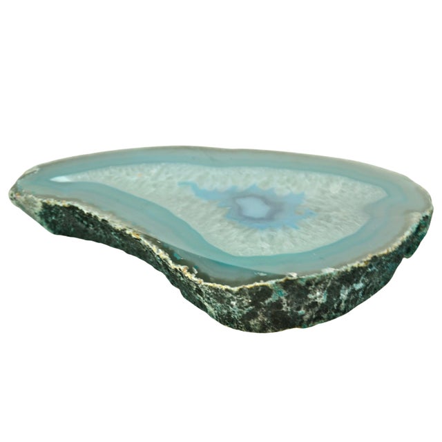 Vintage polished dyed Brazilian banded one inch thick agate stone slab with concentric rings in shades of vibrant teal,...
