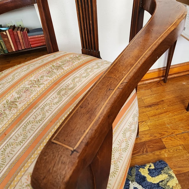 Peach Antique Parisian Armchair, Side / Parlor, Gilt Floral Inlaid Medallion & Gilt Lined Frame French Victorian Original Satin STripe Uphostery - Few Flaws For Sale - Image 8 of 16