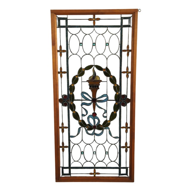Antique Victorian French Neoclassical Stained Glass Ribbon Torchiere Window For Sale