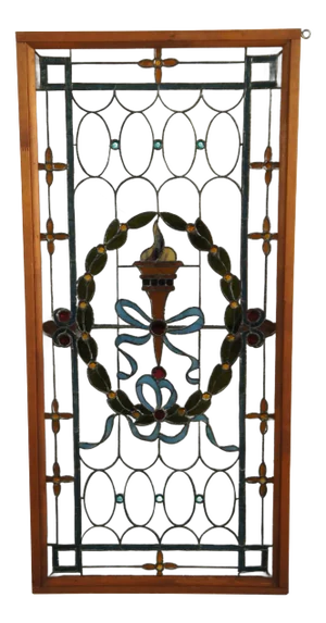 Antique Victorian French Neoclassical Stained Glass Ribbon Torchiere Window