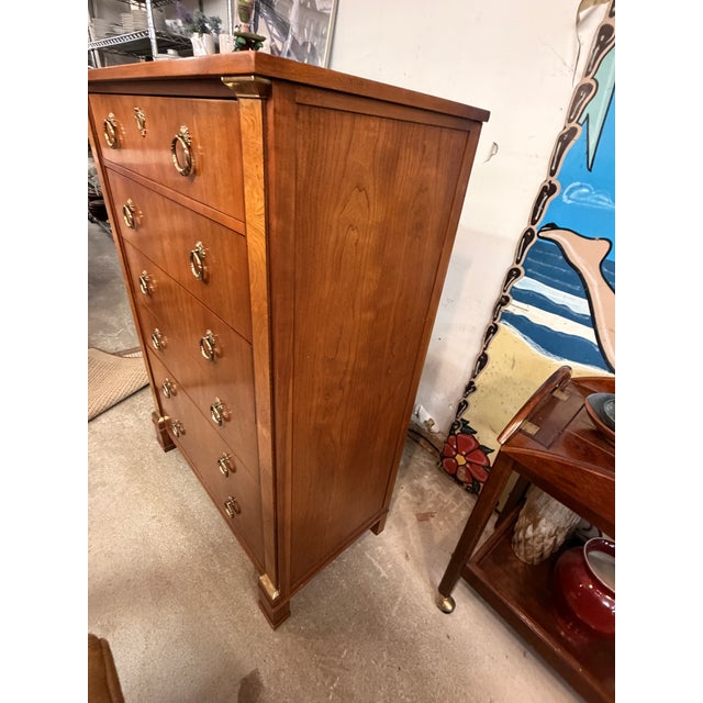 Neoclassical Mid-20th Century Baker Furniture Empire Cherry & Burl Wood Highboy Dresser For Sale - Image 3 of 12