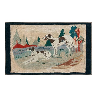 1930s Ivory Scene Animal Antique American Hooked Rug 2' 0" X 3' 6" Handknotted Wool Carpet For Sale