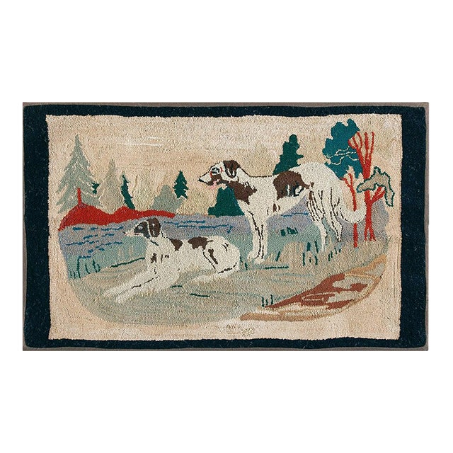 1930s Ivory Scene Animal Antique American Hooked Rug 2' 0" X 3' 6" Handknotted Wool Carpet For Sale