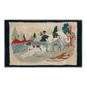 1930s Ivory Scene Animal Antique American Hooked Rug 2' 0" X 3' 6" Handknotted Wool Carpet