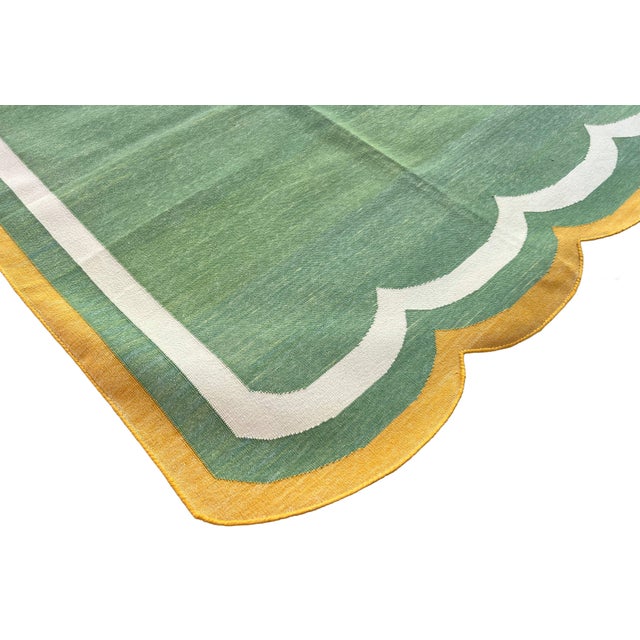 Casa Cosima Handmade Cotton Area Scalloped Dhurrie, Moss Green, Cream and Mustard Border Rug-9'x12' For Sale - Image 4 of 13