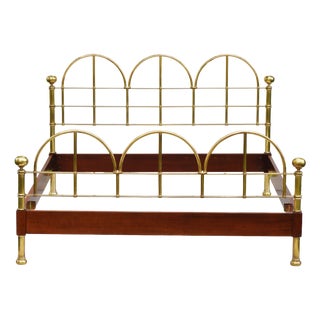 Vintage Italian Brass and Wood Bed, 1980 For Sale