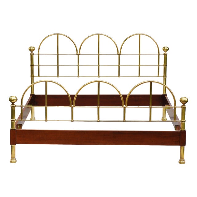 Vintage Italian Brass and Wood Bed, 1980 For Sale