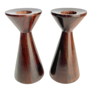Mid Century Danish Modern 1960s Rosewood Candle Holders a Pair Petite 4.25” Tall For Sale