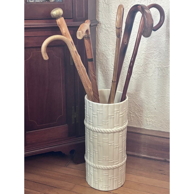 1980s ceramic glazed faux bamboo umbrella stand in glossy white. A touch of Coastal Regency style for your entrance....