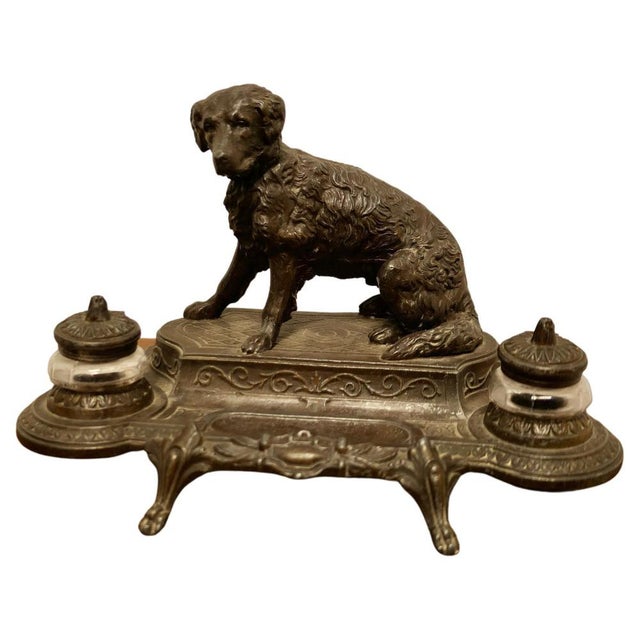 Metal French Inkwell Stand with Hunting Retriever Dog, 1880 For Sale - Image 7 of 7