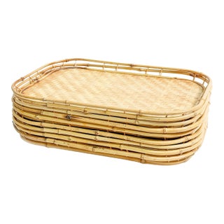 Vintage 1960s Bamboo and Woven Rattan Tiki Serving Trays - Set of 9 For Sale