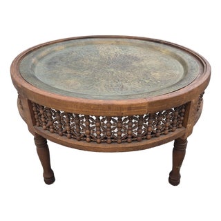 Vintage Moroccan Hand-Carved Wooden Musharabia Coffee Table With Engraved Brass/Copper Tray Top For Sale