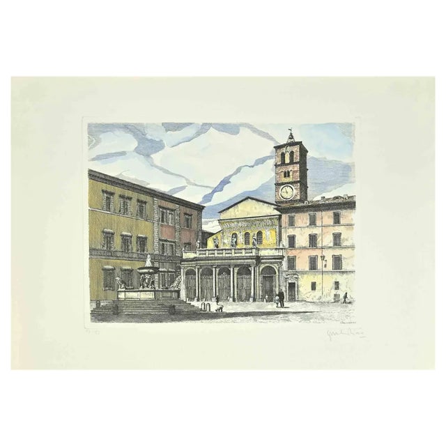 Giuseppe Malandrino, Santa Maria Maggiore di Trastevere, Etching, 1970s For Sale