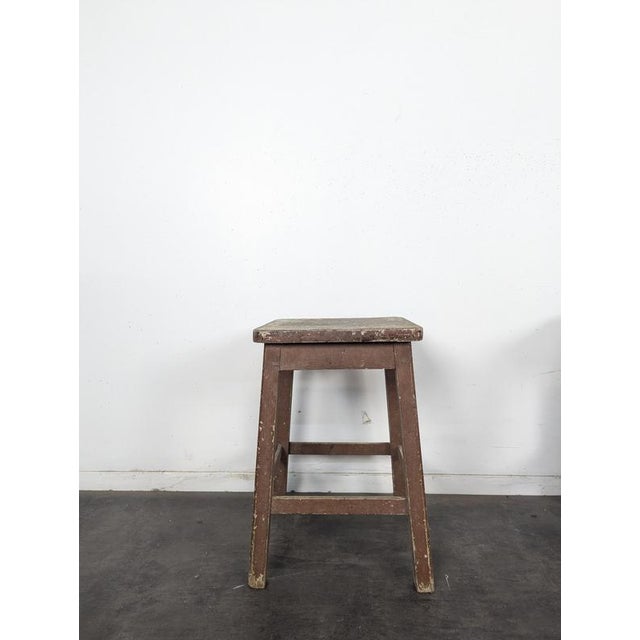 Brown Painted Wooden Workshop Stool with Patinated Top, in Very Good conditions.
