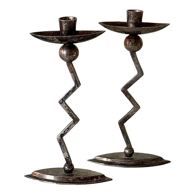 Pair of Postmodern Memphis Style Zigzag Vintage Candlestick Holders For Sale
