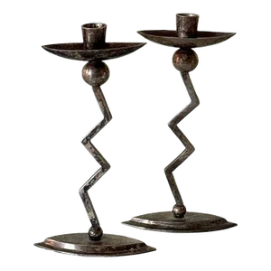 Pair of Postmodern Memphis Style Zigzag Vintage Candlestick Holders