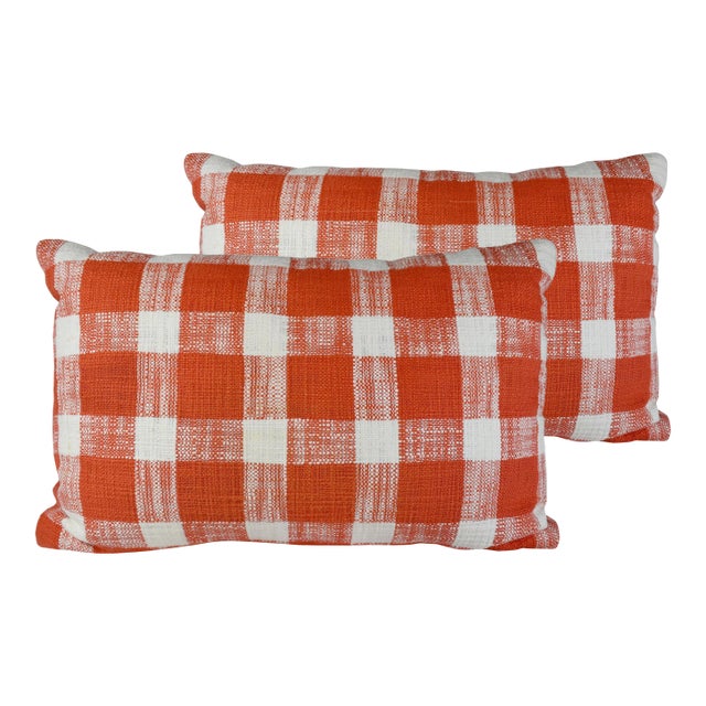 French Country Red White Gingham Pattern Cotton Throw/Toss Pillows - Set of 2 For Sale