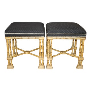 Faux Bamboo Chinese Chippendale Palm Beach Style Tri-Leg Ottomans Footstools - a Pair For Sale