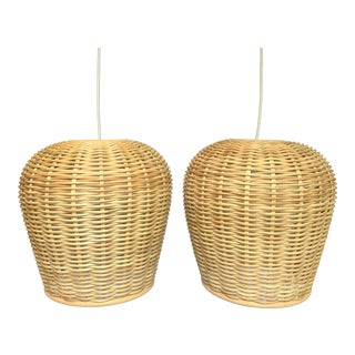 Boho Chic Rattan Wicker Pendants - a Pair For Sale