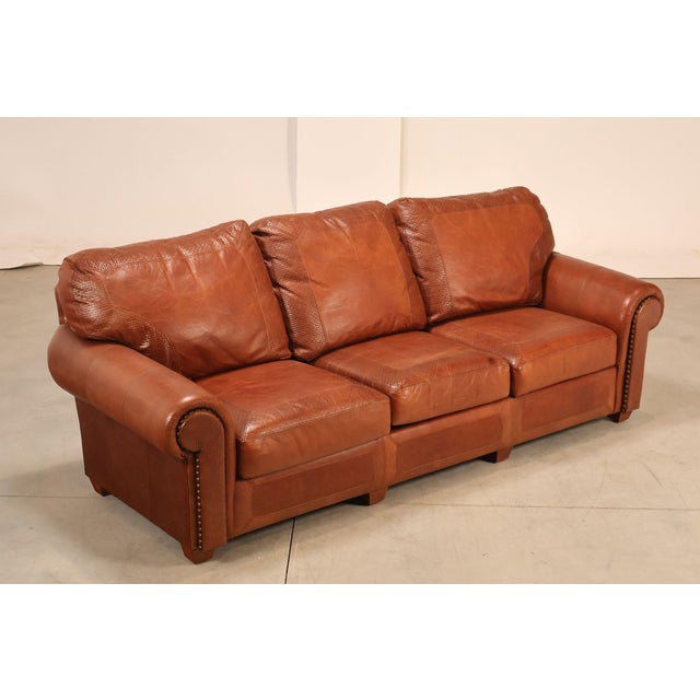 High Quality American Made Embossed Leather Three-Seat Sofa with Nailhead Trim