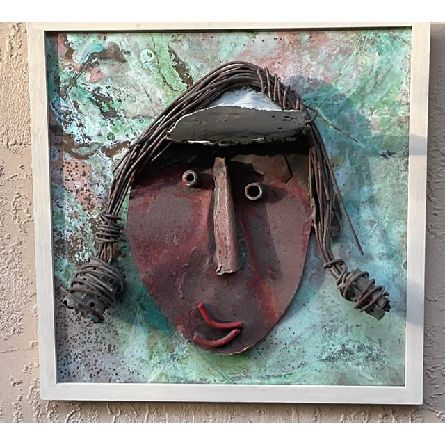Funky Mixed Media Metal Face Sculpture Copper & Brass Brutalist Wall Art For Sale - Image 15 of 15