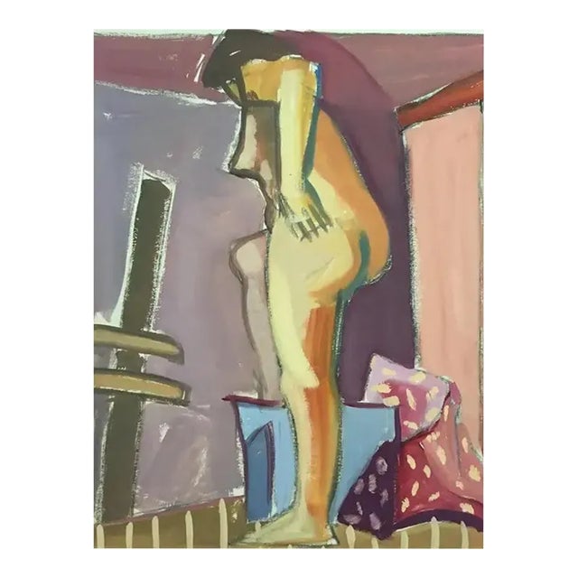 1950s Figurative Nude Gouache Painting Female Pink Blue Purple For Sale
