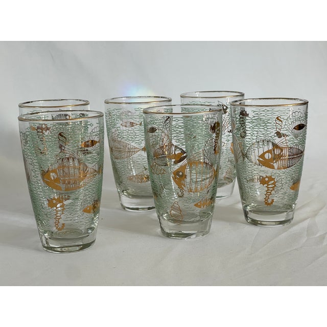 1950's set of 6 Marine Life highball glasses by Libbey Glass Company, USA. The glasses are designed with aquatic life...