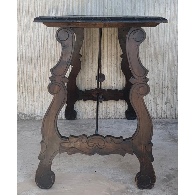 Wood 19th Century Spanish Baroque Side Table with Carved Top & Legs & Iron Stretchers For Sale - Image 7 of 18