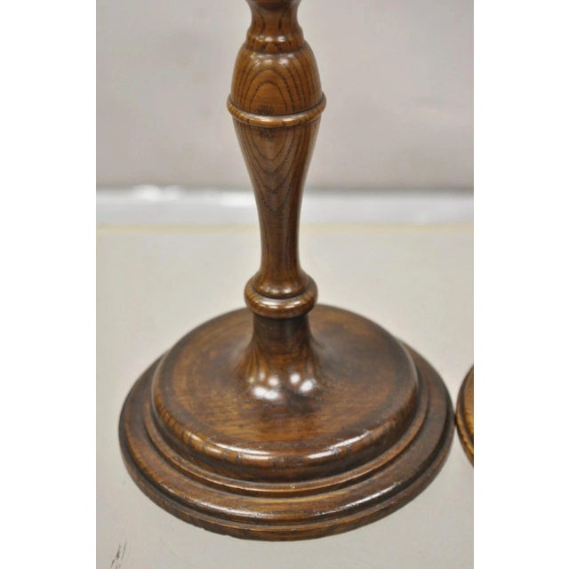 Wood Vintage Italian Renaissance Jacobean Turn Carved Oak Wood 18.5" Candlestick Pair For Sale - Image 7 of 10