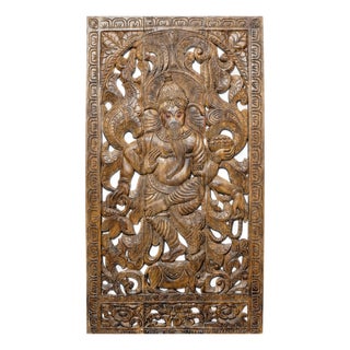 Hand-Carved Wooden Ganesha Wall Panel, Intricately Detailed Hindu Deity Relief Sculpture For Sale