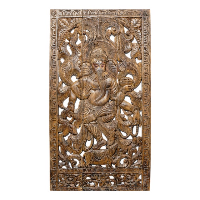Hand-Carved Wooden Ganesha Wall Panel, Intricately Detailed Hindu Deity Relief Sculpture For Sale