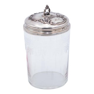 Acid-Etched Glass Bottle with Embossed Silver Lid and Cut-Out Handle For Sale
