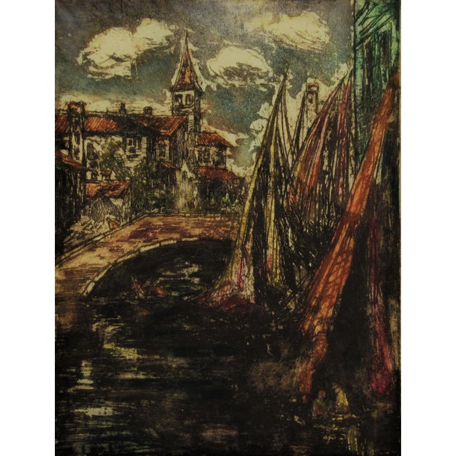 Artist: David Rosenthal (American 1876-1949) Title: Village in France Year: c.1927 Medium: Color Etching with aquatint...