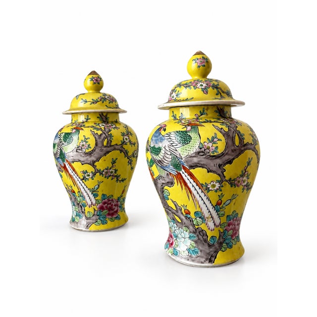 Chinoiserie Mid 20th Century Pair of Nippon-Marked Yellow Bird and Floral Porcelain Ginger Jars For Sale - Image 3 of 9