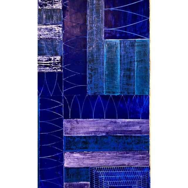 Joan Kahn, Joan Kahn Indigo Denim Blue Color Abstract Expressionist Modernist Oil Painting, c.1980's For Sale - Image 13 of 14