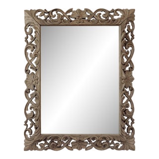 Antique French Louis XIV Baroque Stripped Hand-Carved Wood Mirror For Sale