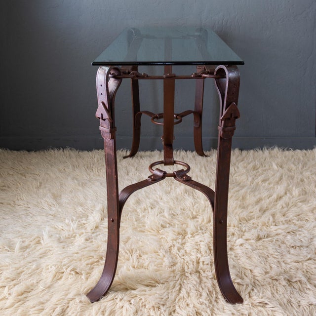 Jacques Adnet Jacques Adnet Hermes Style Iron Leather Bridle Strap Equestrian Console Table For Sale - Image 4 of 18