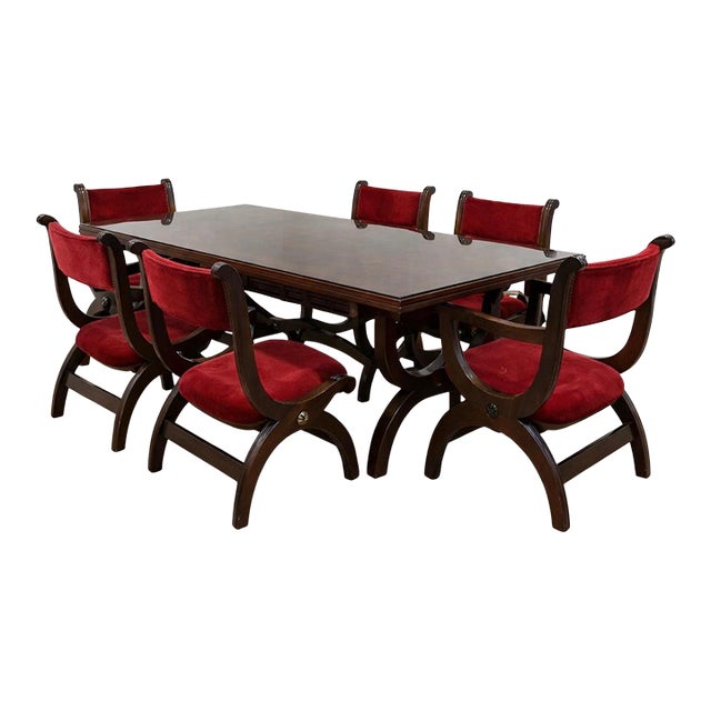 Custom Vintage 1960s Mid Century Modern Marlau of Madrid Glass Top Dining Table With 6 Red Velvet Curule Style Dining Chairs For Sale