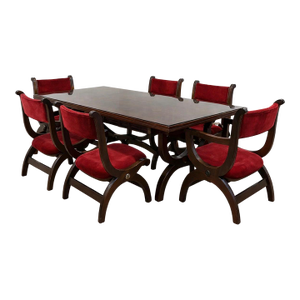 Custom Vintage 1960s Mid Century Modern Marlau of Madrid Glass Top Dining Table With 6 Red Velvet Curule Style Dining Chairs