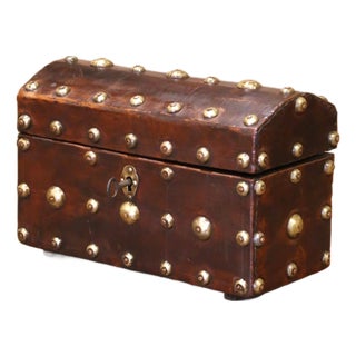 18th Century Spanish Leather and Brass Nailhead Domed Trunk With Original Key For Sale
