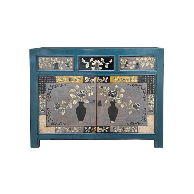 2010s Chinese Distressed Teal Green Gray Flower Graphic Credenza Cabinet For Sale - Image 5 of 7